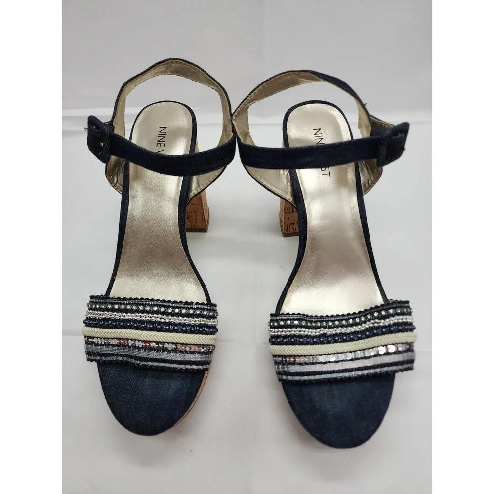 Nine West Womens Platform Sandal Block Heel Denim Open Toe Black Beige Size 8.5